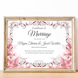 Rosa Heiratsurkunde, Hochzeit Zertifikat Vorlage, bearbeitbare druckbare Hochzeit Andenken, sofortiger Download romantische Heiratsurkunde