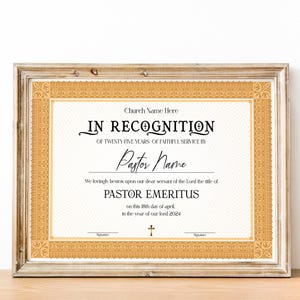 Plantilla de certificado de reconocimiento de la iglesia para pastor emérito, certificado de regalo de premio de la iglesia, certificados editables e imprimibles para descargar