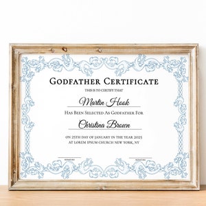 Plantilla de certificado de padrino, 100% editable, certificado de padrino, certificado de padrinos imprimible, certificado de regalo de padrino de bautismo