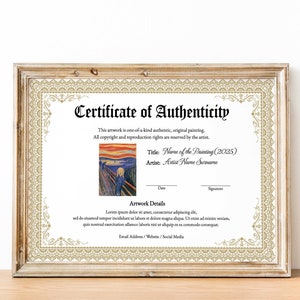 Certificate Of Authenticity For Artwork, Editable Certificate Of Authenticity Template, Printable Authencity For Artwork Artist CoA Template