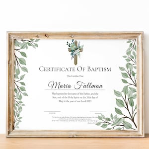 Plantilla de certificado de bautismo elegante, certificado de bautismo de bebé, 100% editable, certificado de bautismo de vegetación imprimible, descarga instantánea,