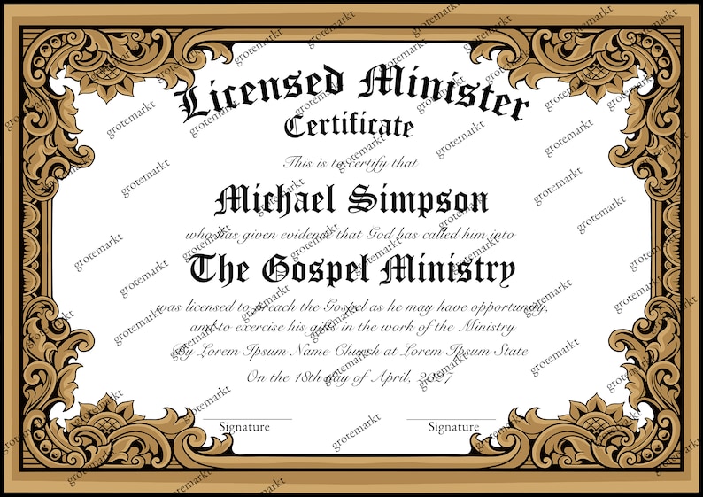 Editable License to Preach Template, Printable Certificate of License ...