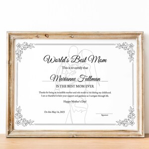 Plantillas de certificado del Día de la Madre, Certificado de regalo editable del Día de la Madre, Mejor mamá, Certificado de la mejor madre del mundo, Regalo simple y elegante