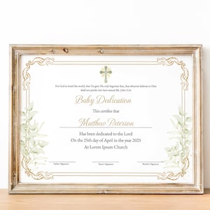 Plantilla de certificado de dedicación de bebé de vegetación, certificado de dedicación de niño de oro, certificado de bautismo imprimible, certificado de bebé delicado
