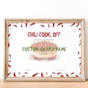 Printable Chili Cook-Off Award Winner Certificate, Chili Contest, Chili Champion, Competition Winner, Chili Potluck Award, Best Chili Award