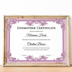 Bearbeitbare Patin Zertifikat Vorlage, druckbare Taufe Zertifikat elegante rosa moderne Geschenk Pate Zertifikat, Pate Zertifikat