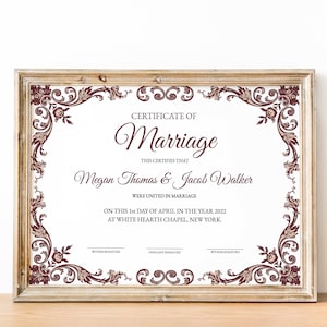 Plantilla de certificado de matrimonio imprimible para recién casados, recuerdo de matrimonio editable, regalo personalizado de boda para los novios, boda