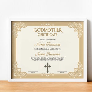 Godmother Certificate Template 100% Editable Gold Elegant Godparent