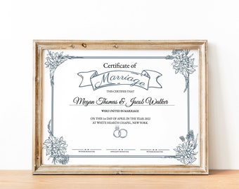 Modern Wedding Certificate Template, Editable Printable Certificate of Marriage, Elegant Marriage Keepsake Wedding Gift Instant Download