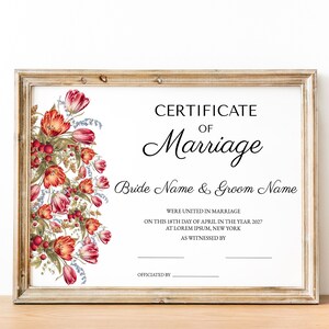 Elegante Hochzeitsurkunde-Vorlage, druckbare Heiratsurkunde, bearbeitbare rote Blumen-Heiratsurkunde, Hochzeitsgeschenk-Download
