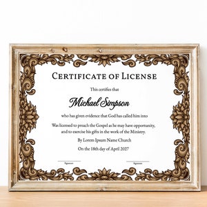 Certificado de licencia editable para nuevos ministros, plantilla de certificado ministerial victoriano dorado, certificado de licencia editable para predicar