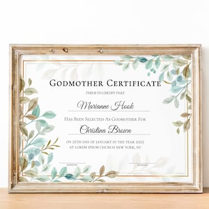 Plantilla de Certificado de Madrina, 100% Editable, Certificado de Padrino, Certificado de Padrinos Imprimible, Vegetación, Oro, Descarga Instantánea