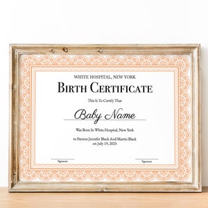 Sjabloon voor geboorteakte, afdrukbare geboorteakte, babycadeaubon, moederschap, ziekenhuisgeboorteakte, pasgeboren certificaat