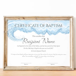 Plantilla de certificado de bautismo editable, certificado de bautismo minimalista imprimible, certificado moderno de fondo de agua Descarga instantánea