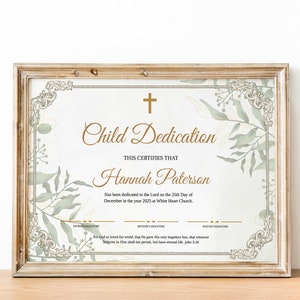Certificado de dedicación infantil, plantilla editable de certificado de dedicación de bebé Greenery, dedicación de bautizo infantil, DESCARGA INSTANTÁNEA