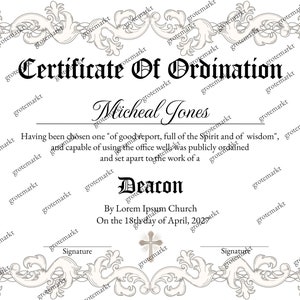 Ordained Deacon, Certificate of Ordination, Gospel Ministry Certificate ...