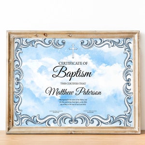 Certificado de Bautizo, Plantilla de Certificado de Bautismo Editable, Certificado de Bautismo, Certificado de Bautismo en Agua, Tema de Nube, Iglesia, Azul
