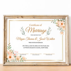 Plantilla de certificado de matrimonio, certificado de boda verde, recuerdo de voto de boda editable, descarga instantánea, certificado imprimible