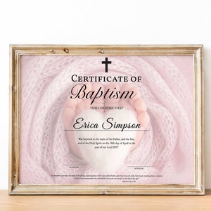 CERTIFICADO de BAUTISMO Plantilla imprimible para niñas, Certificación de bautismo en agua Descarga instantánea digital editable Plantilla de iglesia de bautismo Cruz