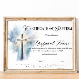 Certificado de bautismo editable, Certificado de bautismo minimalista imprimible, Fondo de agua Certificado de bautismo católico moderno Descargar