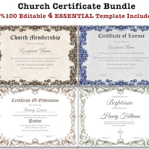 Certificados de Iglesia editables, Ordenación, Licencia, Bautismo, Membresía de la Iglesia, Plantilla de Certificado de Iglesia Minimalista BUNDLE, Bautizo