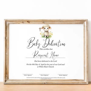 Plantilla de certificado de dedicación de bebé editable Certificado de dedicación de niño Certificado de regalo de bautismo de cordero imprimible para bautizo de bebé Descargar