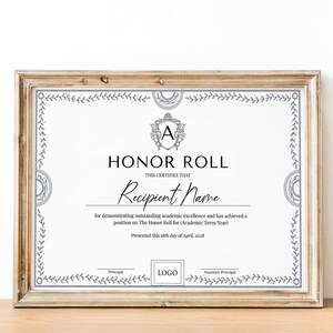 Editable Honor Roll Certificate Template, Elementary School Student Award Certificate of Honor, School Achievement Digital Download