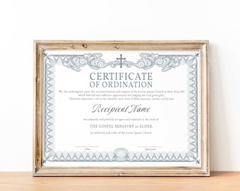 Editable Ordination Elder Certificate Template, Printable Minimalist Certificate of Ordination Gospel Ministry Church Certificate Download