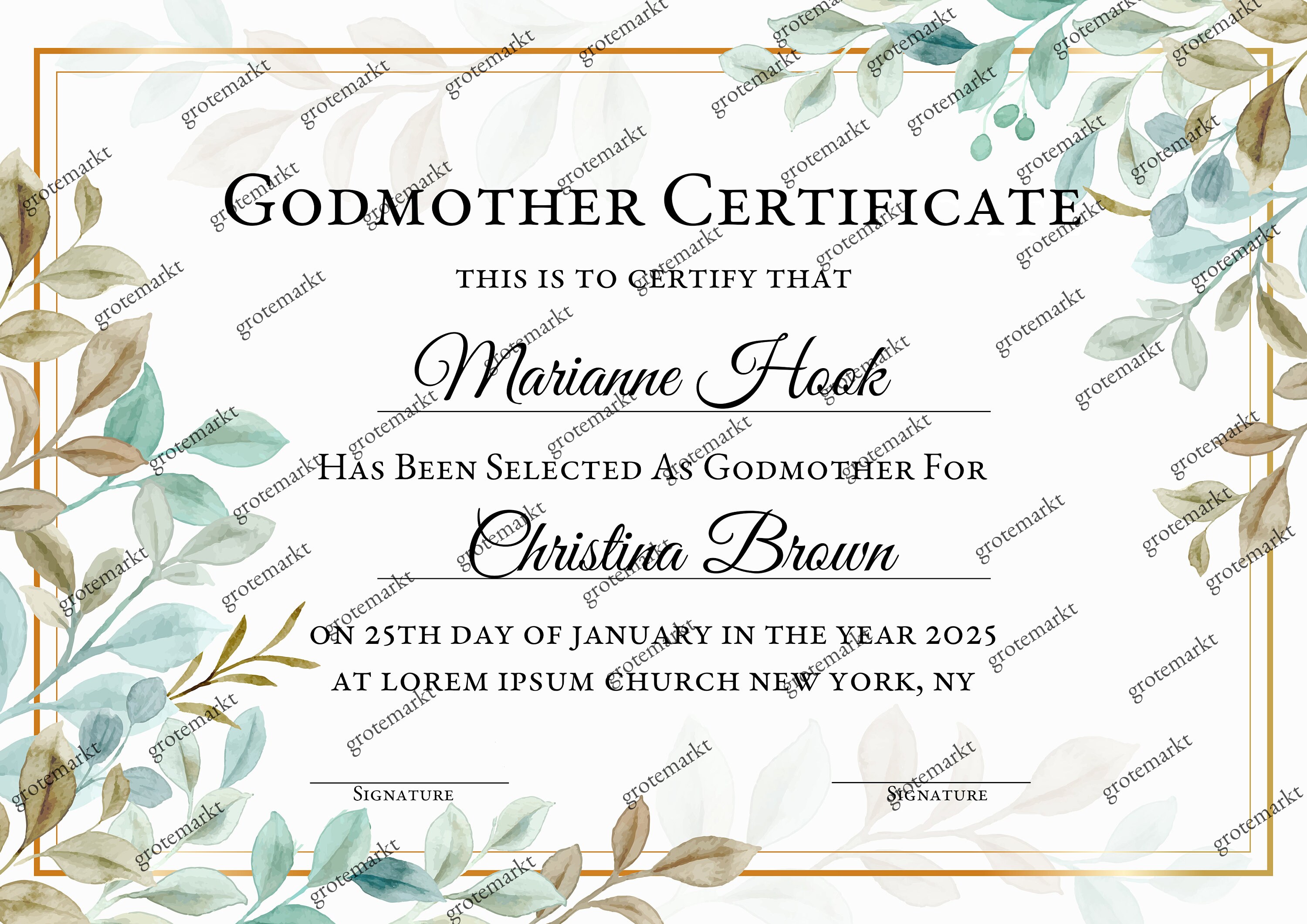 Godmother Certificate Template, 100% Editable, Godfather Certificate ...