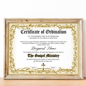 Plantilla de certificado de ordenación, plantilla de certificado del ministerio del evangelio, certificado de ordenación editable, certificado de iglesia imprimible