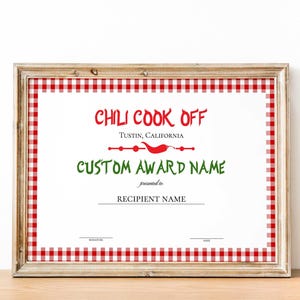 Chili Cook Off Certificate, Printable Chili Cook-Off Award Winner Certificate, Chili Contest Champion, Competition Winner, Best Chili Award