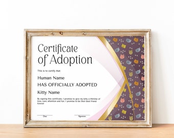 Szablon certyfikatu adopcji zwierząt, EDYTOWALNY adopcja kotka, minimalistyczny, przyjęcie urodzinowe kota, certyfikat adopcji kociaka do pobrania