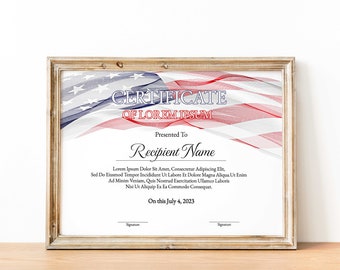 American Appreciation Certificate, 4th Of July, Honoring Military Service Appreciation, Veteran's Certificate, Patriot Day Certificate