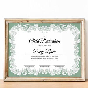 Plantilla personalizada de certificado de dedicación infantil, bautismo, bautizo de niños, vegetación dorada moderna, plantilla de iglesia imprimible editable