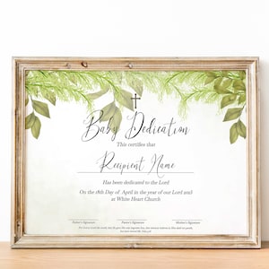 Plantilla de certificado de dedicación de bebé, bautismo, bautizo de dedicación de niño, vegetación dorada moderna, plantillas de iglesia imprimibles editables