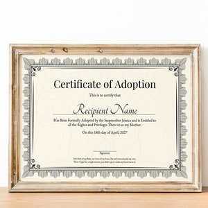 Certificat d&#39;adoption pour notre famille, modèle de certificat d&#39;adoption imprimable modifiable, certificat-cadeau pour belle-mère élégante, téléchargement