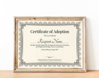 Certyfikat adopcji do naszej rodziny, edytowalny szablon certyfikatu adopcji do wydruku, elegancki certyfikat podarunkowy dla macochy, pobierz