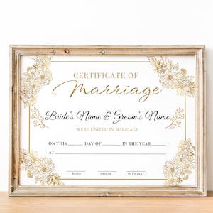 Plantilla de certificado de boda de oro moderno, certificado de matrimonio imprimible editable, plantilla de recuerdo de matrimonio regalo de recuerdo de boda