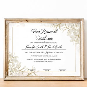 Certificado de renovación de voto floral de oro, plantilla de certificado de boda imprimible editable, matrimonio de regalo de renovación de voto, certificado de renovación de voto