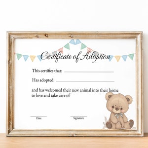 Adoption Certificate For Stuffed Animal, Teddy Bear Adoption Certificate, Teddy Bear Picnic Decor, Adopt a Teddy, Instant Download, Digital
