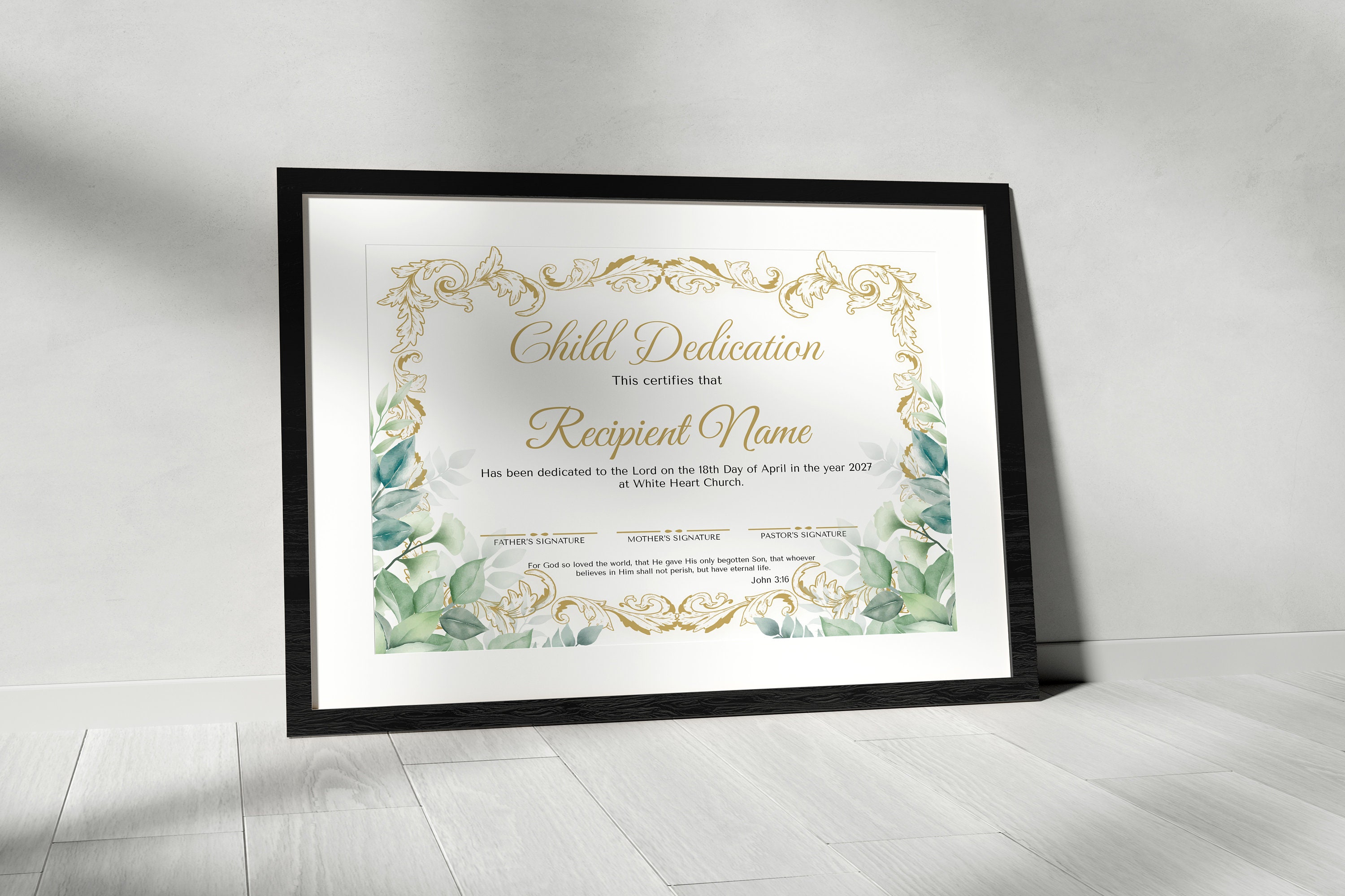 Baby Dedication Certificate Template, Modern Gold Greenery Baby ...