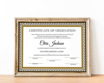 Certificate of Ordination Minister Editable Template, Gold DIY Editable Ministry Certificate, Deacon Ordination Certificate PDF Printable