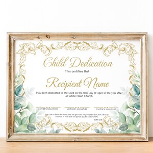 Plantilla de certificado de dedicación de bebé, certificado de bautizo de bebé de vegetación dorada moderna, descarga de plantilla de bautismo de iglesia imprimible editable