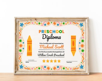 Personalized Printable Preschool Diploma, Editable Children Graduation Certificate, Kids Last Day of Preschool Diploma Kindergarten