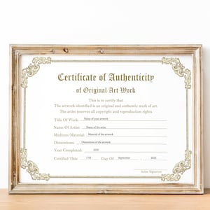 Certificate of Authenticity, Editable Template for Original Art, Paintings, Artist Resources, Printable Certificate of Authencity, Digital