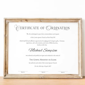 Certificado de ordenación editable, plantilla de certificado del Ministerio del Evangelio, descarga del certificado minimalista de ministro ordenado imprimible