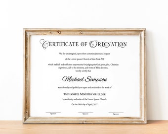 Editable Certificate of Ordination, Gospel Ministry Certificate Template, Printable Ordained Minister Minimalist Certificate Download