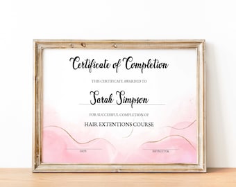Editable Lashes Certificate, Beauty Training Certificate Template, Printable Makeup Artist Hair Extension Completion Certificate Download