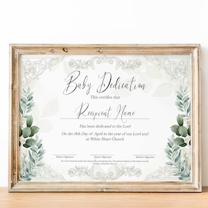 Plantilla de certificado de dedicación de bebé, bautismo, bautizo de bebé, vegetación dorada moderna, plantillas de iglesia imprimibles editables Descargar