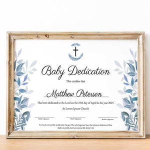 Certificado de dedicatoria de bebé editable, dedicatoria de bautizo de bebé, regalo de bautismo imprimible, certificado de bautizo azul, plantilla editable